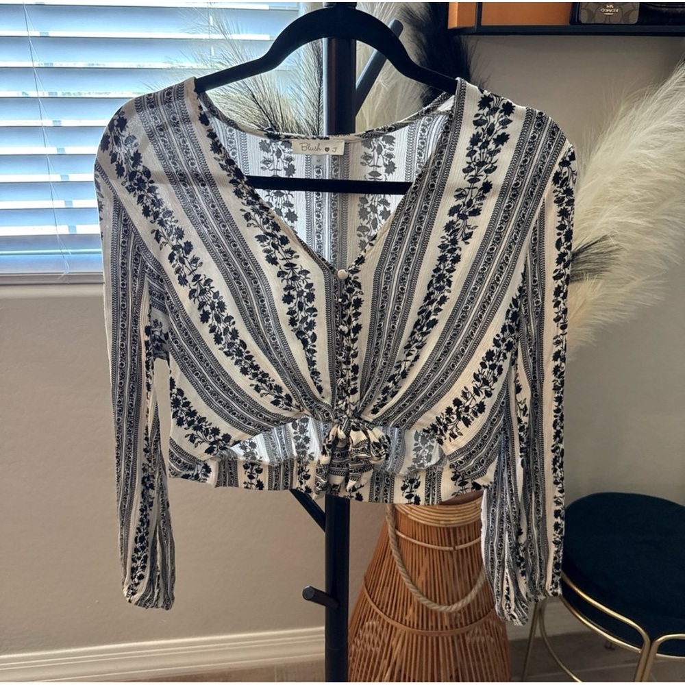 Blush Black and White Floral Striped Blouse